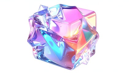 Geometric iridescent crystal cube against white background