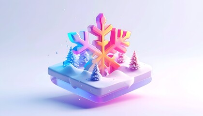 Floating isometric winter scene with giant snowflake and tiny trees