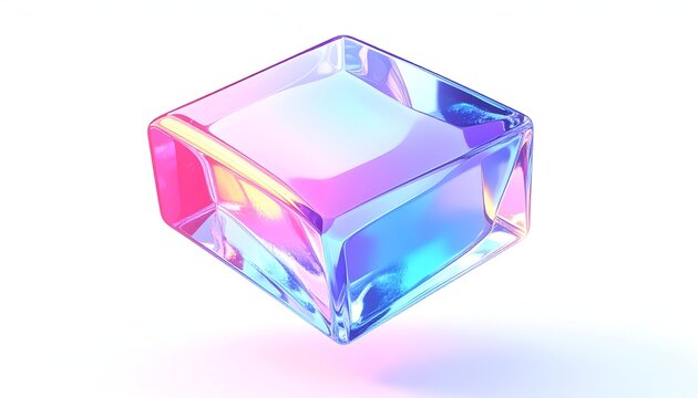 A translucent, geometric cube rendered with vibrant, iridescent color gradients - Powered by Adobe