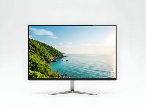 Modern computer monitor displaying stunning landscape view