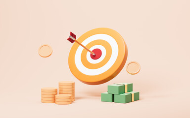 Target icon, arrow hit the bull's eye, coins and cash surround of it, 3d rendering.