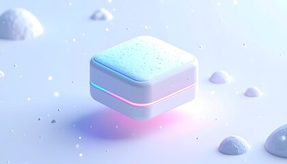 A glowing square device rests on a white, snowy landscape with floating specs