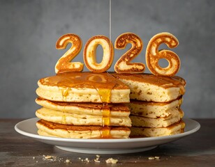 Stacks of fluffy pancakes, drizzled with syrup, forming the year 2026