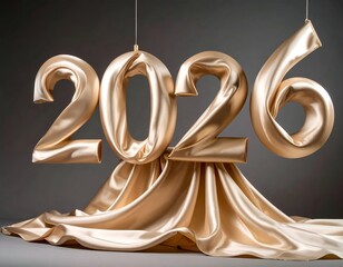 Luxurious gold fabric forms "2026," hanging above draped material