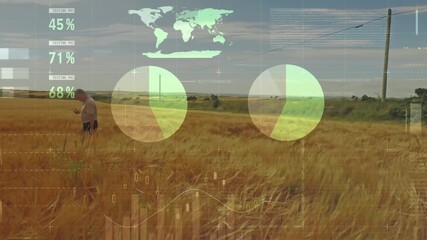 Animation of data processing on moving line of graphs over sports stadium - Powered by Adobe