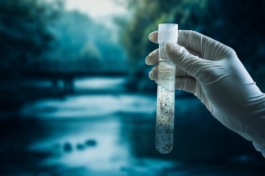 Field sample of river water held in a test tube by a gloved hand, highlighting potential Aeromonas bacteria presence for environmental and microbiological studies