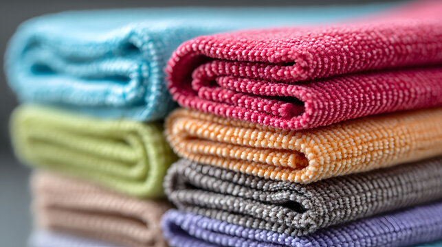 Close-up shot of a stack of folded microfiber cloths in various colors, including blue, red, yellow, orange, gray, brown and purple, offering a soft and textured surface.