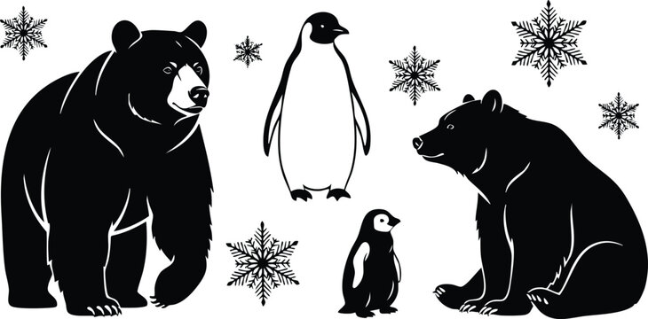 Monochrome silhouette style standing and sitting bears with adult and baby penguins surrounded by snowflakes winter theme vector art composition