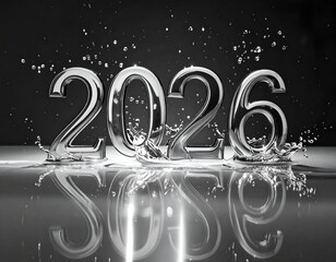 Sleek silver 2026 numerals in water, with splashes. Reflection in pool