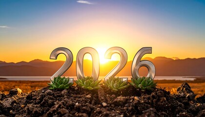 Numbers 2026 emerge from earth, sunrise backdrop, hopeful future