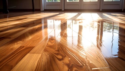 Sunlit, glossy wooden floor reflecting light from a bright window