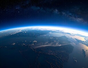Earth seen from space, showing land, sea, atmosphere, and the night sky