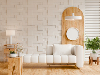 Contemporary living room interior design featuring white modular sofa, textured geometric wall- 3D rendering