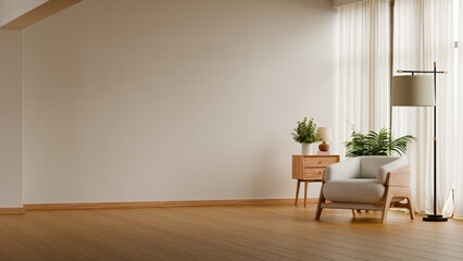 Minimal living room interior with wooden armchair, side table, soft curtains, natural light, and empty wall background suitable for copy space- 3D rendering