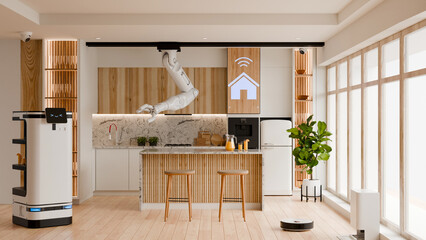 Modern smart home kitchen interior featuring robot assistant, automated devices, wooden furniture, natural light, and clean contemporary design- 3D rendering