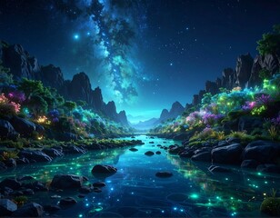 Enchanting river winds through a luminous valley under starry sky