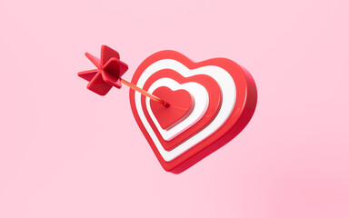 Cartoon heart-shaped arrow and target. Valentine's Day theme. Wedding theme, 3d rendering.