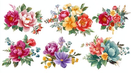 Vibrant watercolor floral arrangements in various colors