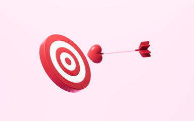 Cartoon heart-shaped arrow and target. Valentine's Day theme. Wedding theme, 3d rendering.