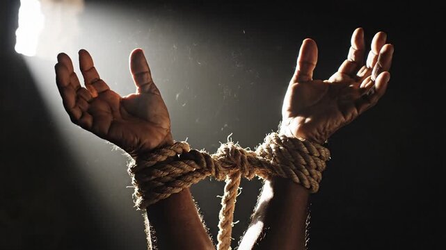 Hands Bound by Rope in Dramatic Lighting