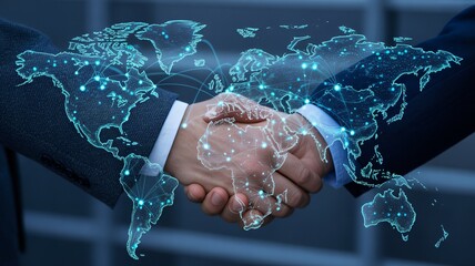 Global business partnership handshake with world map