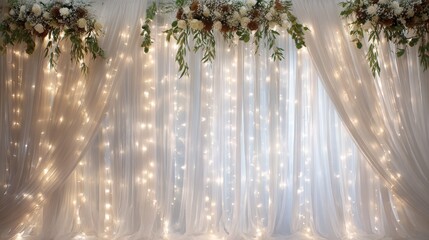 Elegant wedding backdrop with shimmering lights and floral accents
