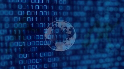 Animation of digital data processing and globe over blue background - Powered by Adobe