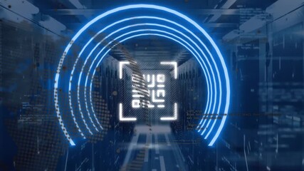 Animation of neon qr code in circles and globe over servers - Powered by Adobe