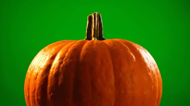 A vibrant orange pumpkin is centered against a bright green background in a close-up view