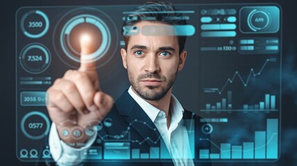 Businessman interacting with futuristic digital interface in modern office