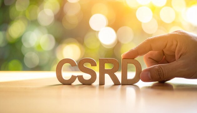 Close up of a businessman hand arranging CSRD Corporate Sustainability Reporting Directive letters