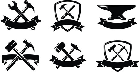Black silhouette crossed hammer and wrench tools with ribbon banners and shield emblems collection of workshop and construction vector icons in simple minimalistic style