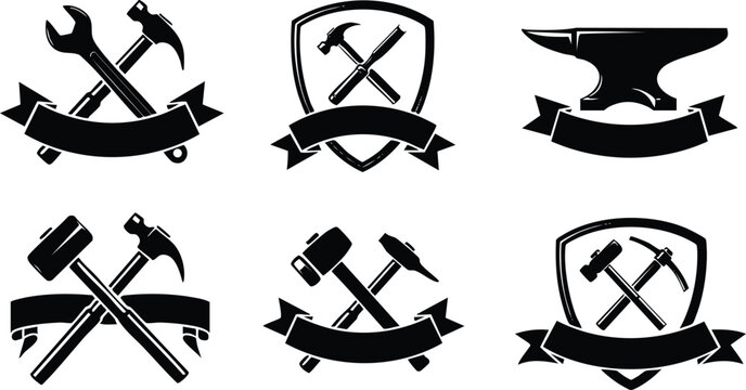 Black silhouette crossed hammer and wrench tools with ribbon banners and shield emblems collection of workshop and construction vector icons in simple minimalistic style