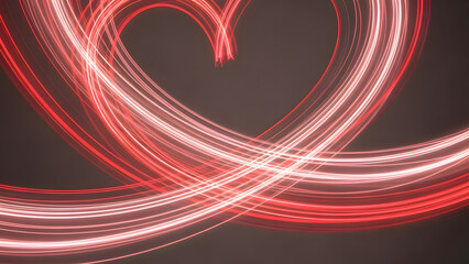 Abstract red neon light painting trails forming a heart shape with long exposure effect showing speed and motion for love background