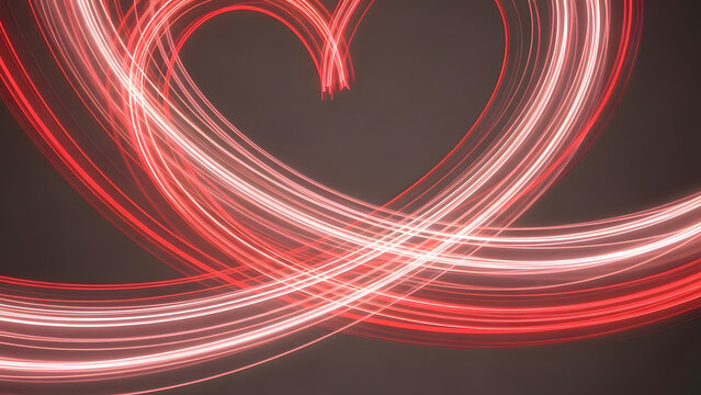 Abstract red neon light painting trails forming a heart shape with long exposure effect showing speed and motion for love background - Powered by Adobe