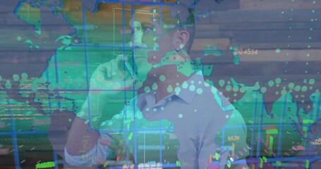 Animation of data processing over caucasian businessman talking on smartphone - Powered by Adobe