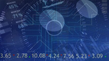 Animation of graphs, charts, world map, with increasing financial data over hud on digital interface - Powered by Adobe
