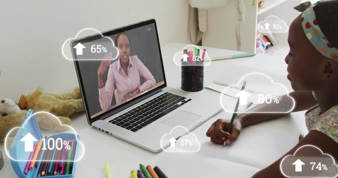 Animation of caucasian woman using laptop over beaker with at icons