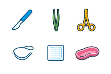 Set of medical icons with glowing effect on dark background