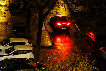 Coche frenando de noche en lluvia y suelo mojado con luz