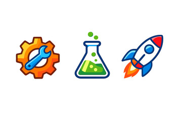 Naklejka premium Gears, Beaker, and Rocket Icons with Neon Glow