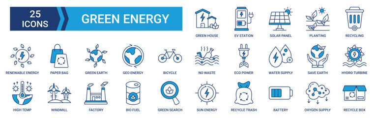 Green energy icons set. Containing green house, ev station, solar panel, planting, recycling and renewable energy icons. Blue icons collection. Vector illustration.