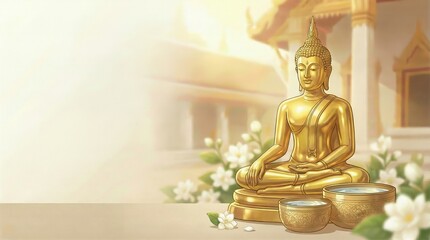 Golden Buddha statue sitting in peaceful temple garden setting  