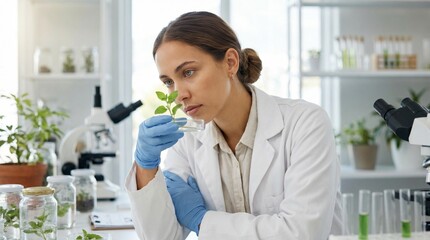 Female scientist examining plant sample in laboratory environment  