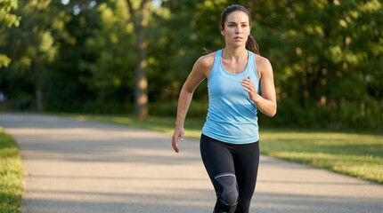 Active woman running outdoors with knee brace in a green park  