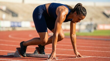 Female sprinter crouching on starting blocks at athletic track  