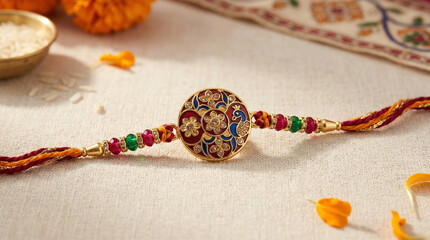 Traditional Rakhi bracelet with colorful beads on cloth background  