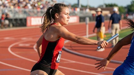 Young woman running in a relay race and passing a baton in stadium  
