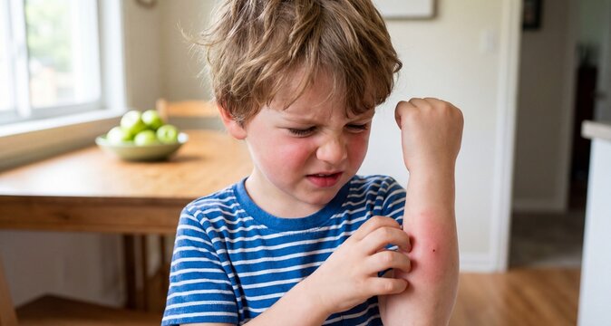 Child scratching an itchy bug bite while looking distressed in a bright indoor setting