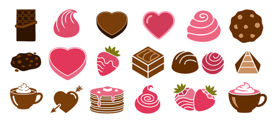 Valentines chocolate dessert icons sweet romantic bakery treat collection